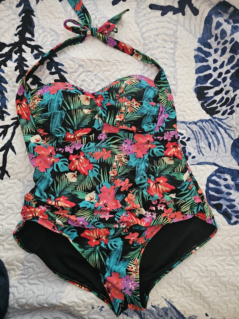 Catalina Black Floral Halter One-Piece Swimsuit